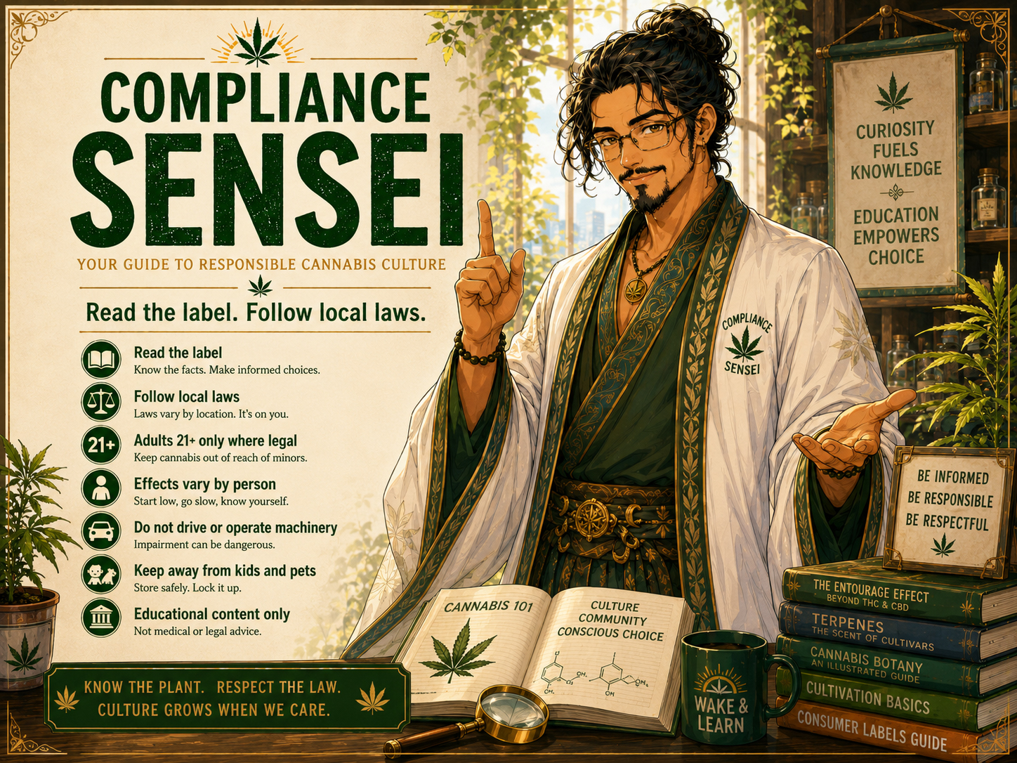 Compliance Sensei responsible-use character poster.