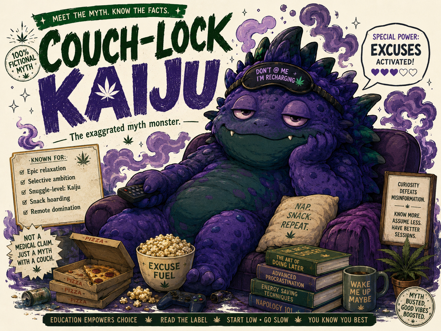 Couch-Lock Kaiju character with cozy blanket energy, manga monster scale, and cannabis label myth notes.