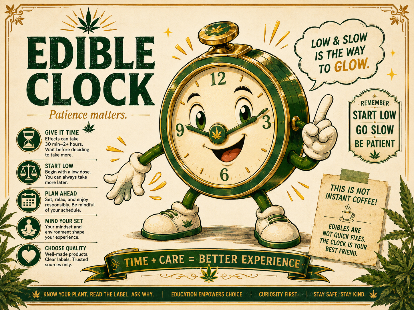 Edible Clock character with a clock face, suitcase labeled patience, and bright SativaDaily edible timing notes.