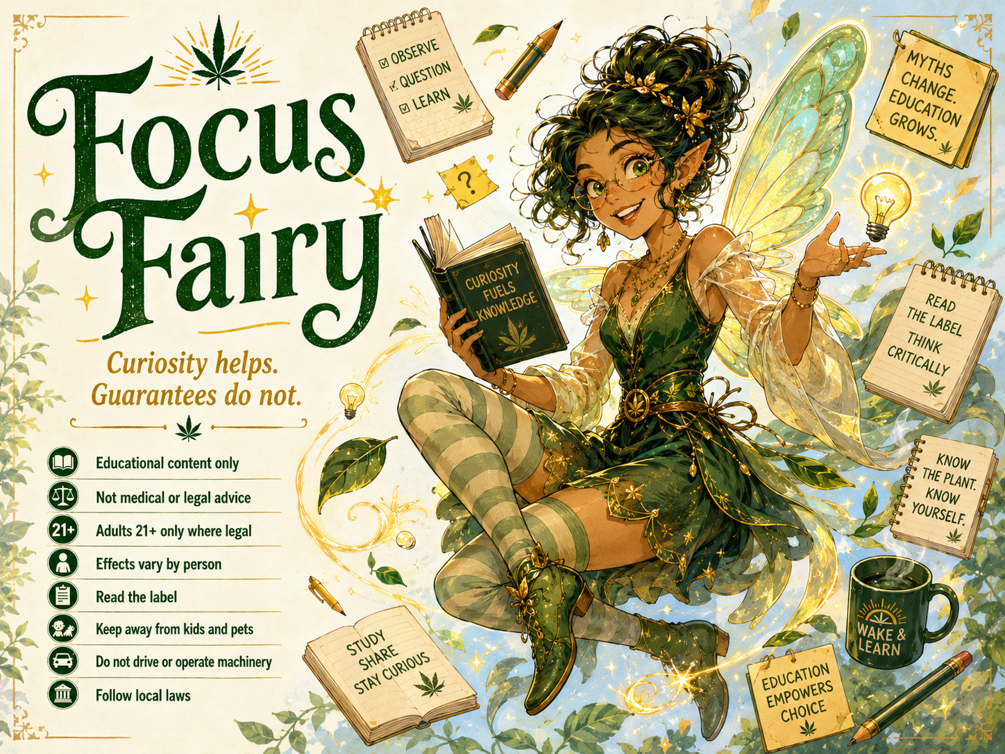 Focus Fairy character poster with green-and-gold wings and creative notes.