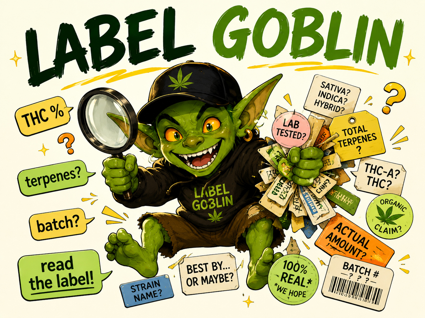 Label Goblin character with confusing cannabis labels and magnifying glass.
