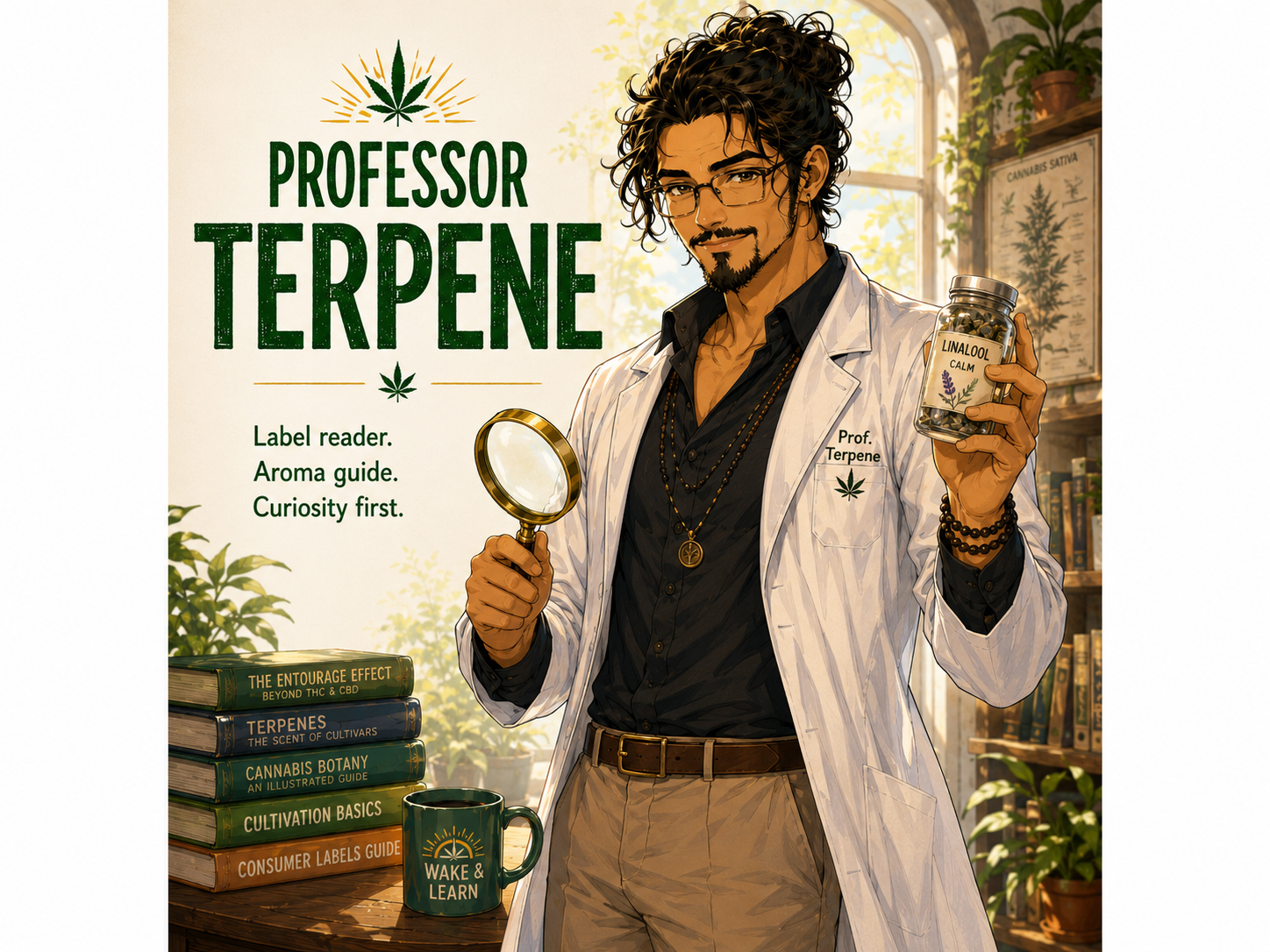 Professor Terpene character poster holding a magnifying glass and terpene jar.