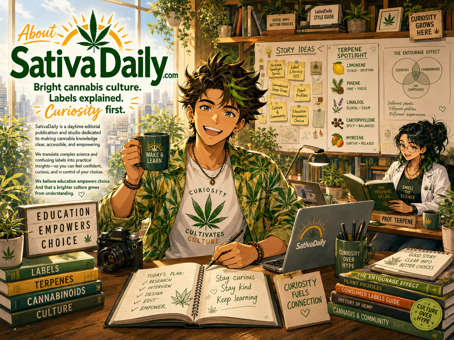SativaDaily bright daytime editorial room with cannabis education notes, books, jars, terpene charts, and sunny window light.