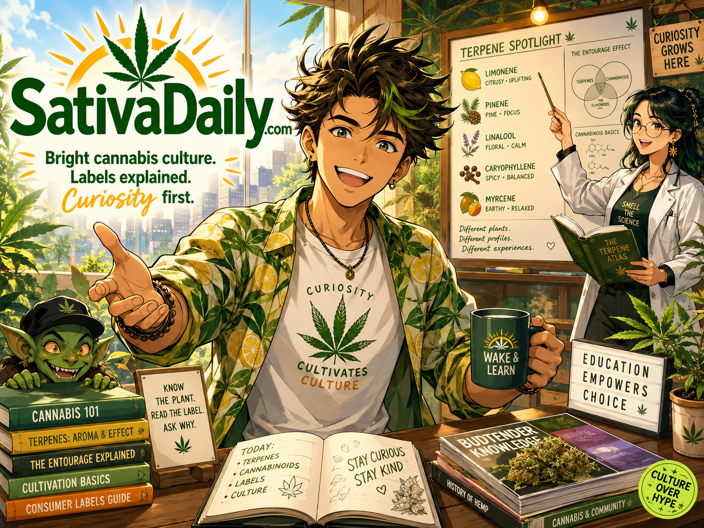 Bright manga-style SativaDaily cannabis education scene with daytime light, books, labeled jars, terpene notes, and cheerful green citrus atmosphere.