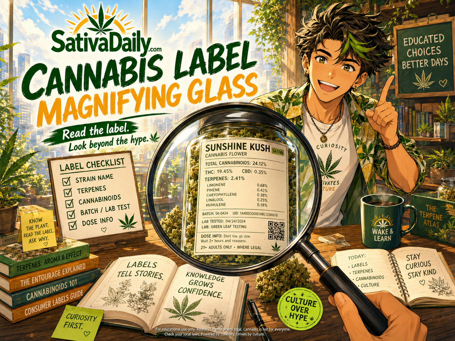 Cannabis label under a magnifying glass.