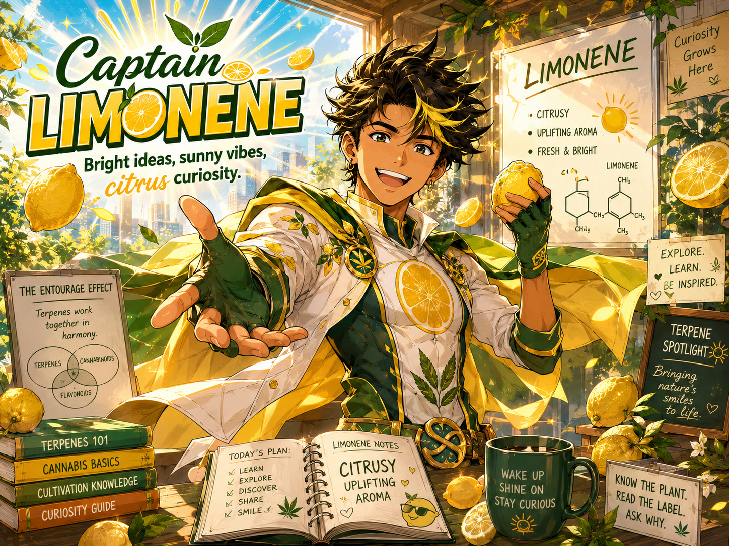 Captain Limonene sparks a room with citrus terpene education energy.