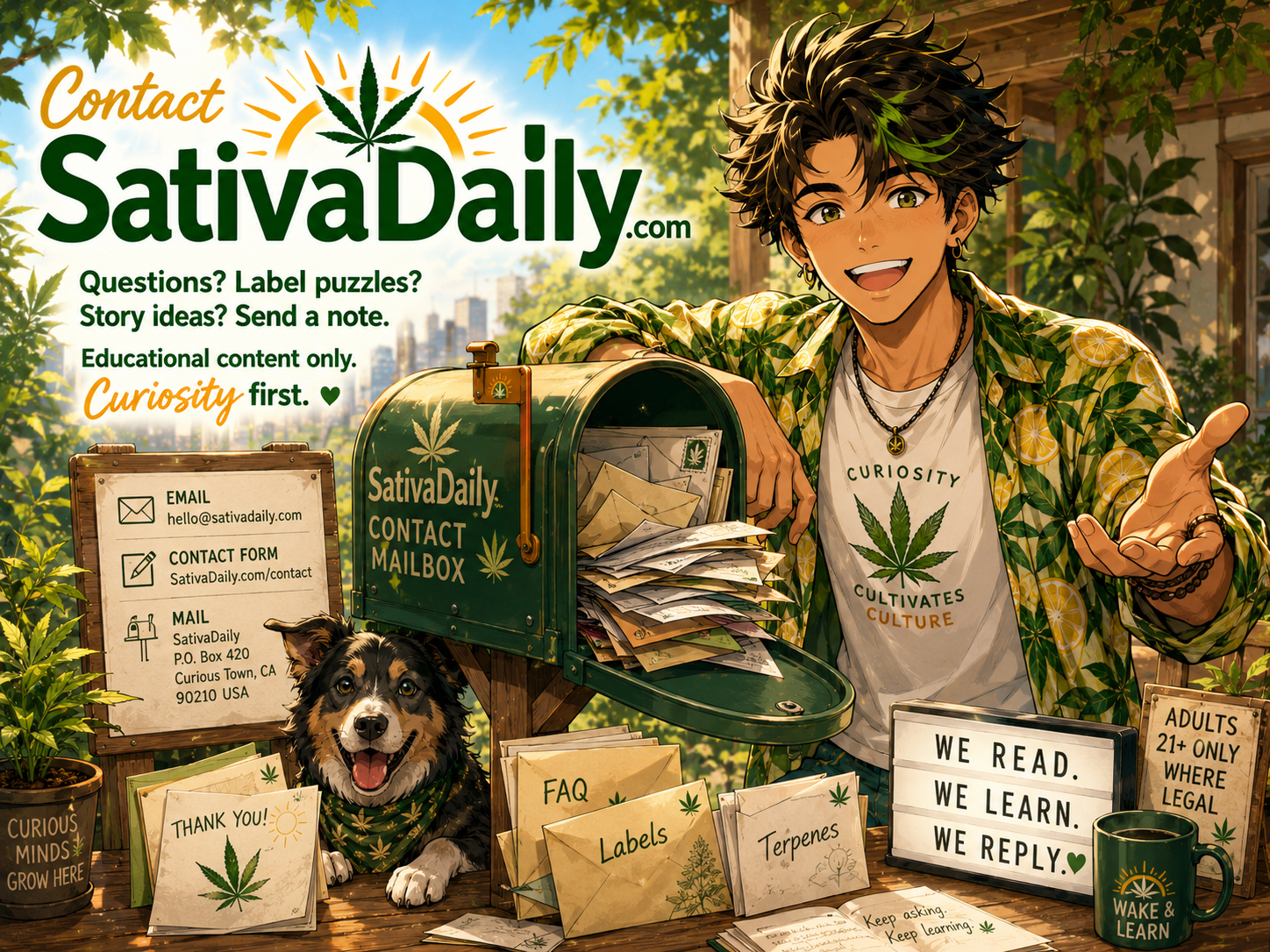 SativaDaily contact mailbox scene with notes, envelopes, cannabis education motifs, and bright editorial lighting.
