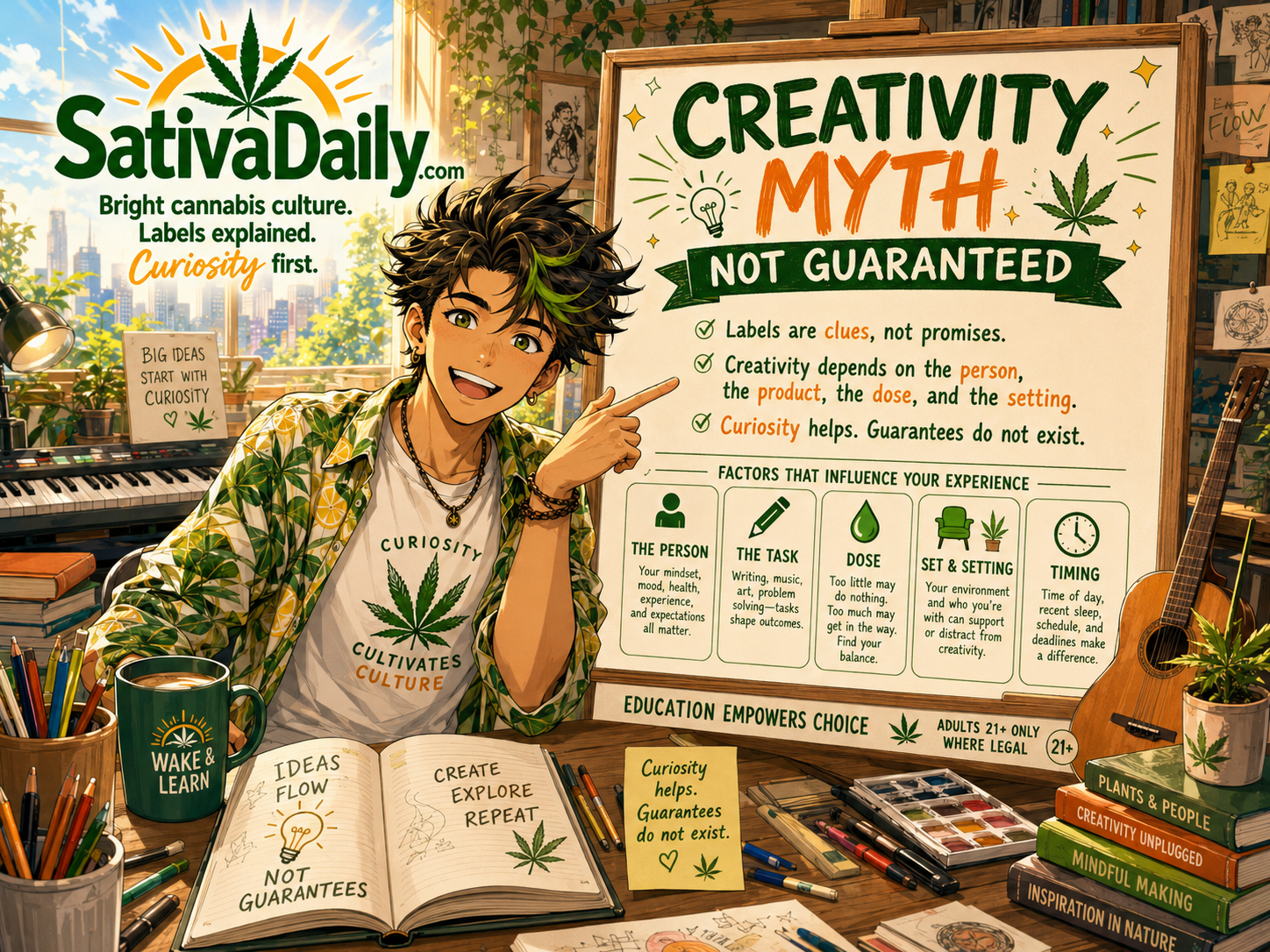 SativaDaily creativity myth not guaranteed poster with sketchbooks, cannabis label notes, and a bright manga classroom.