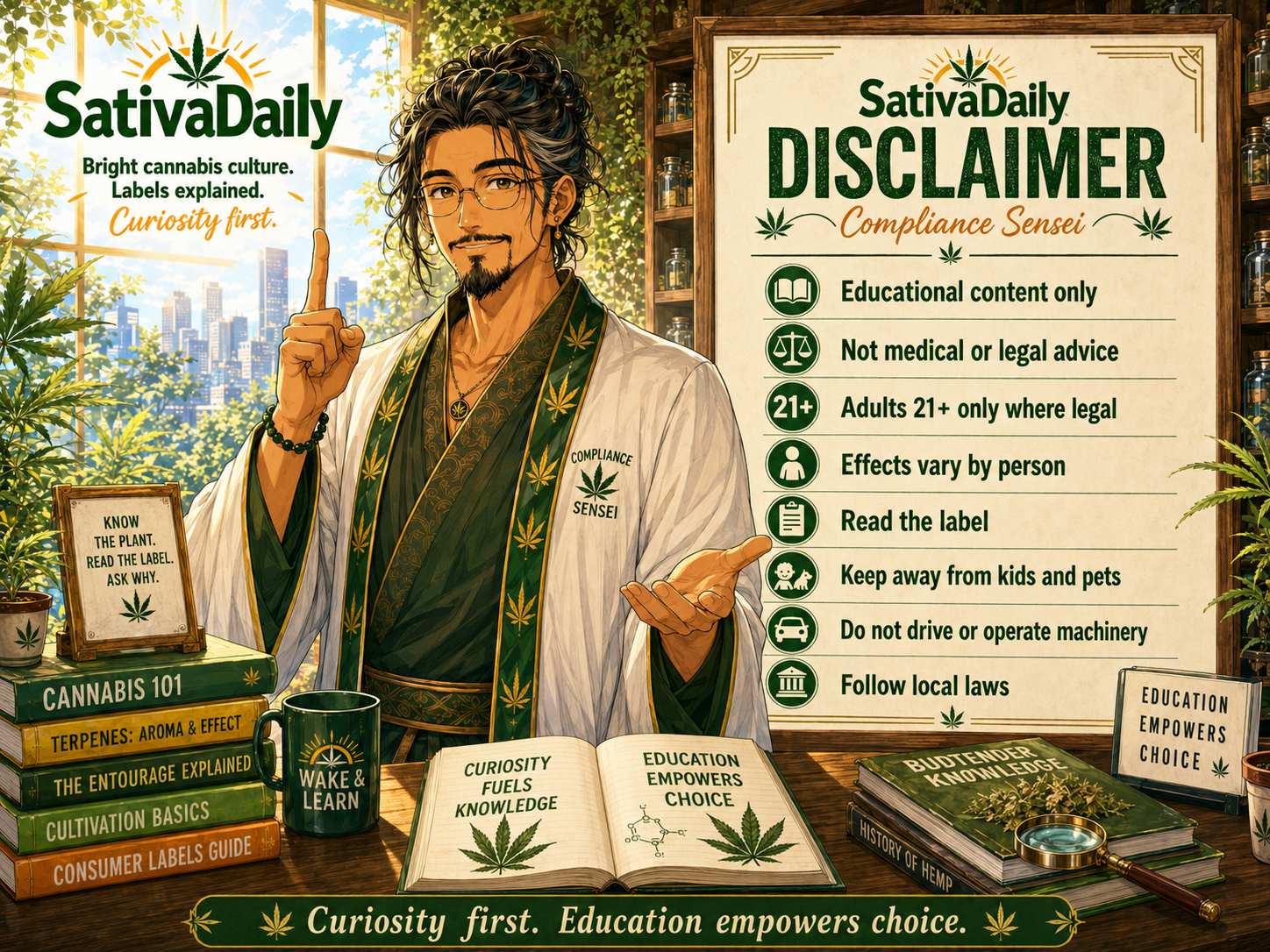 Disclaimer poster with Compliance Sensei.