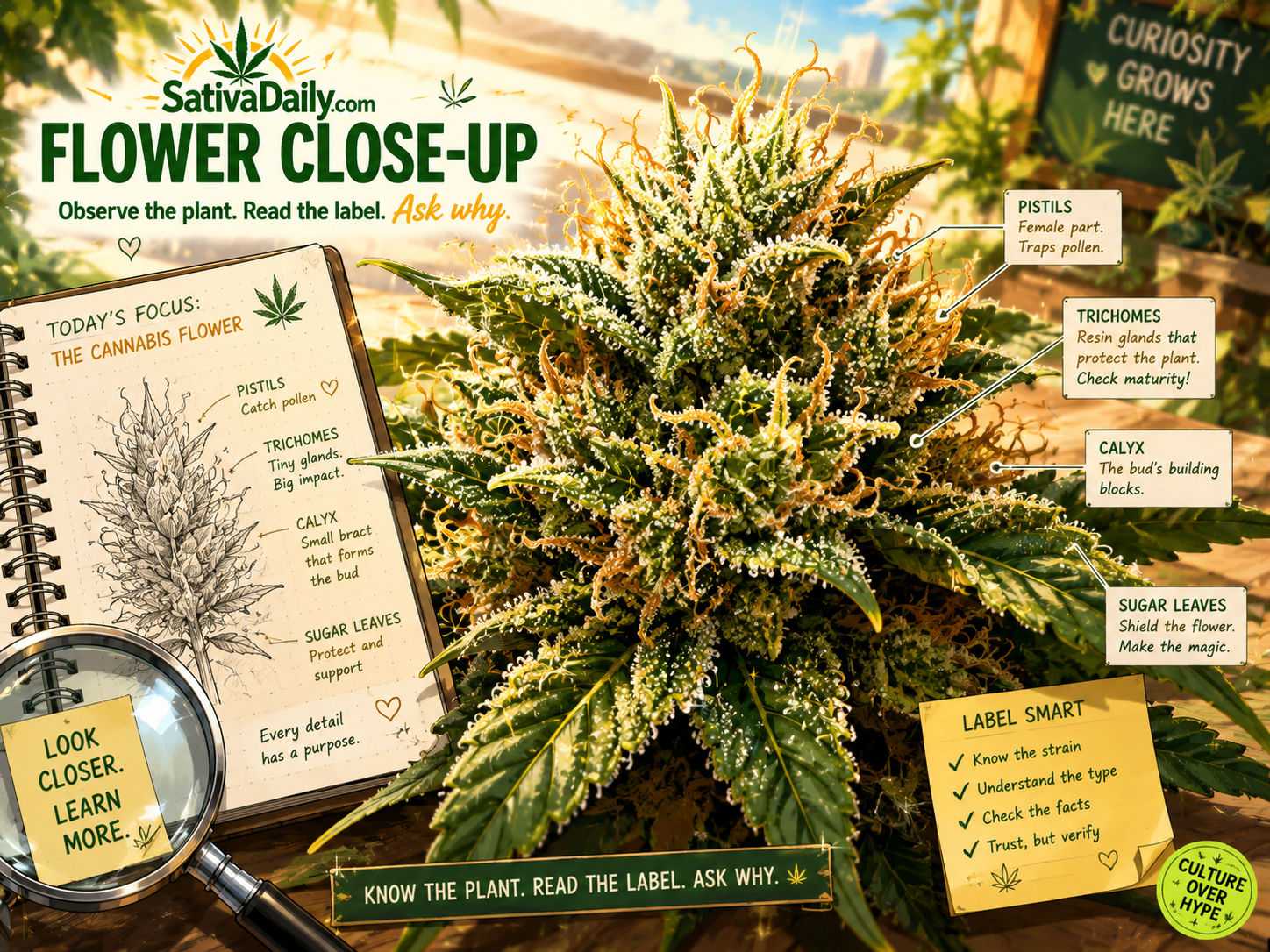 Manga-style cannabis flower close-up with trichomes, pistils, calyx, and aroma-rich surface labels.
