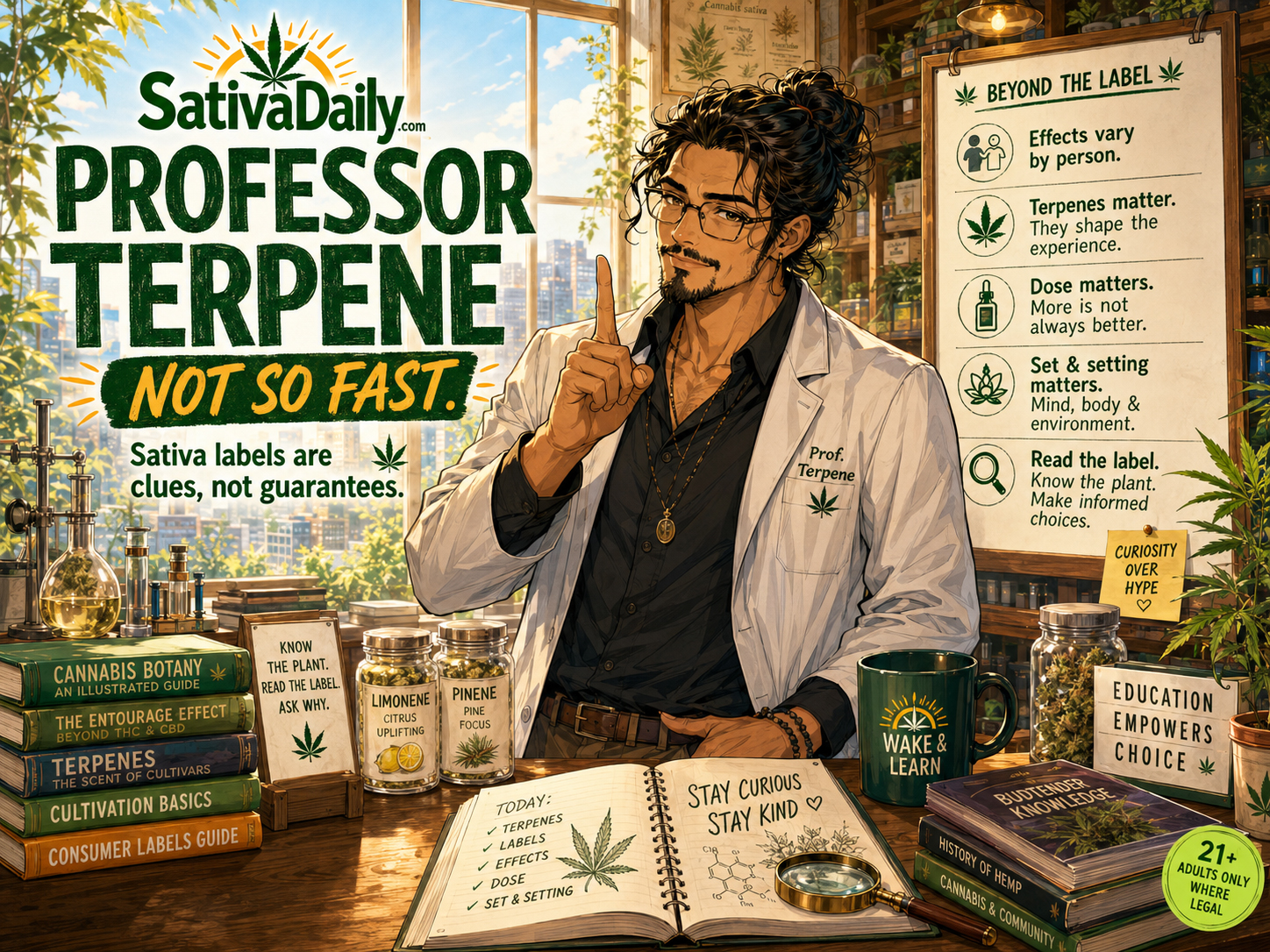 Professor Terpene saying not so fast in a bright lab.