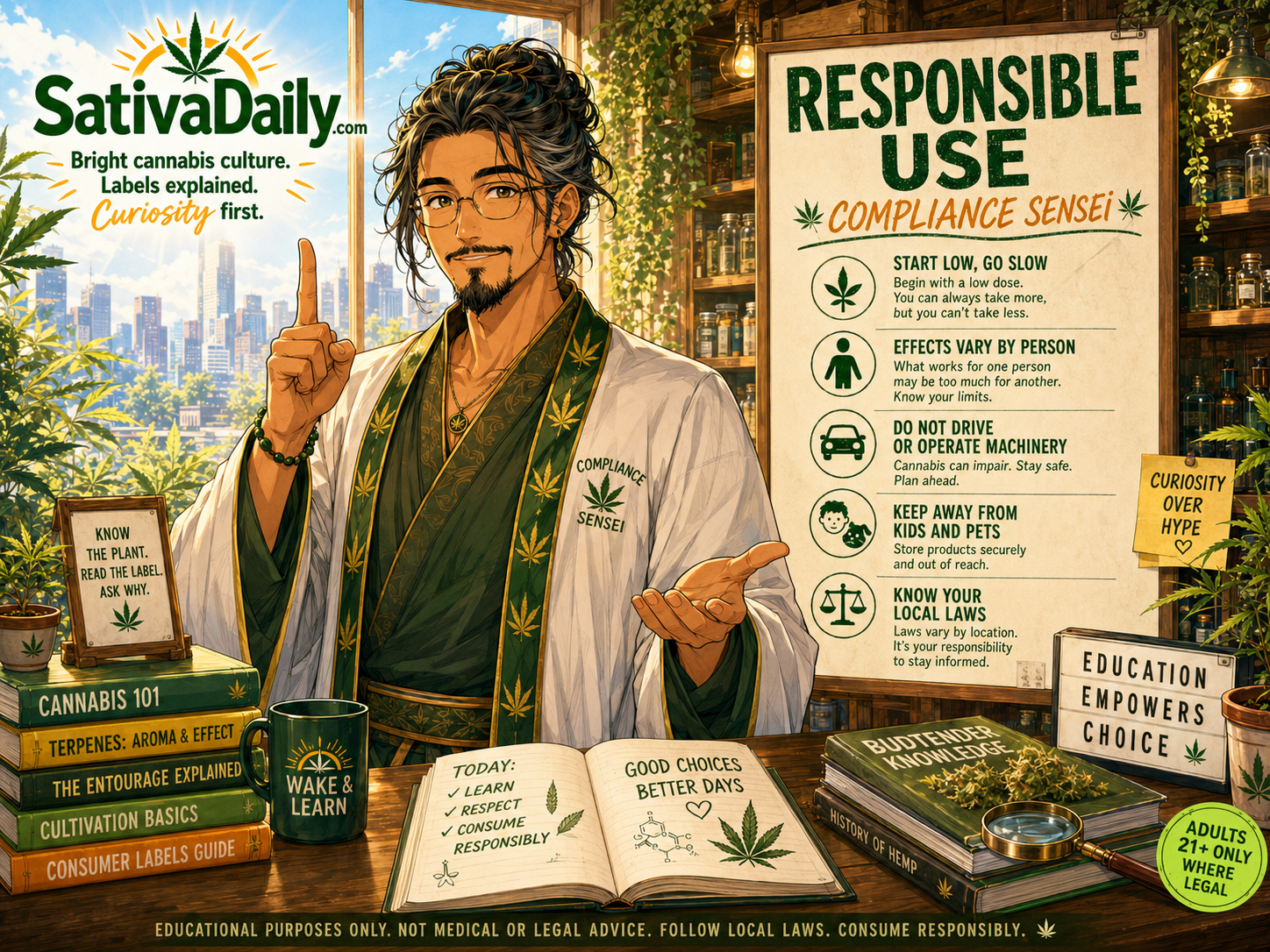 Compliance Sensei responsible cannabis use education poster with adult-use rules and label-reading reminders.