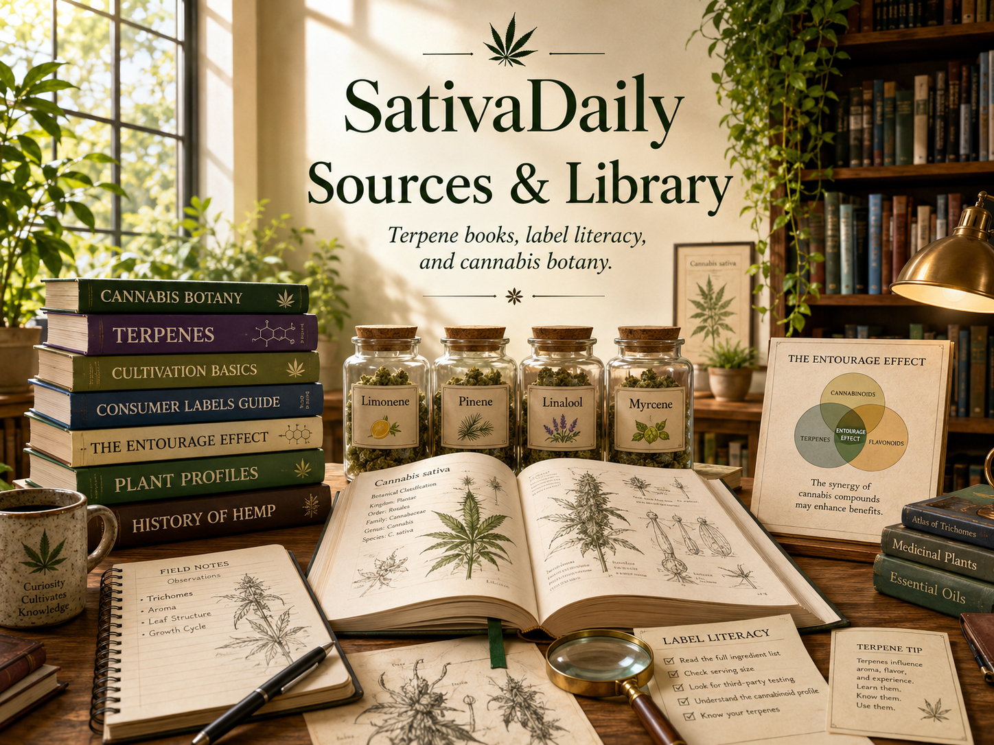 Sources library with terpene books and research notes.